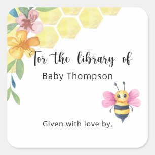 Sticker Carré Abeille rose - Ex-libris pour la baby shower, livr