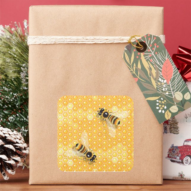 Sticker Carré Abeilles de miel sur un Motif de nid d'abeille (Créateur téléchargé)