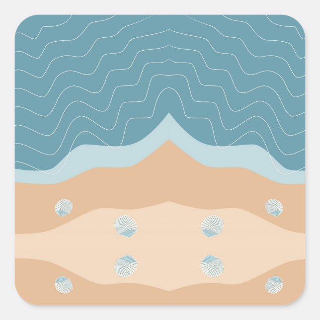Sticker Carré Abstrait Beach Motif Wave Lines Blue Sand Shells (Devant)