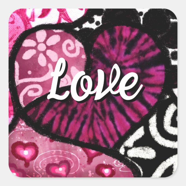 Sticker Carré Abstrait coeur d'amour rose Floral Pois noir (Devant)