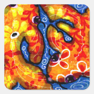 Sticker Carré Abstrait Floral Koi Poisson Orange Jaune Rouge Ble