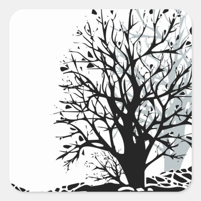 Sticker Carré Abstrait moderne arbre noir silhouette ombre blanc (Devant)