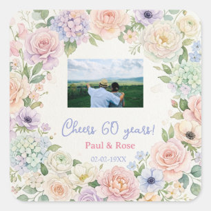 Sticker Carré acclamations 60 ans violet rose pastel floral phot