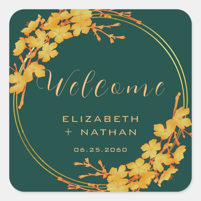 Sticker Carré Accueil Mariage Floral Emerald Green Gold Classy (Devant)