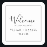Sticker Carré Accueil Mariage minimaliste<br><div class="desc">Ces autocollants minimalistes mariages de bienvenue sont parfaits pour un mariage simple. Le design romantique moderne présente une typographie classique en noir et blanc associée à une calligraphie rustique mais élégante avec un style vintage lettré à la main. Personnalisable dans n'importe quelle couleur. Gardez le design simple et élégant, en...</div>