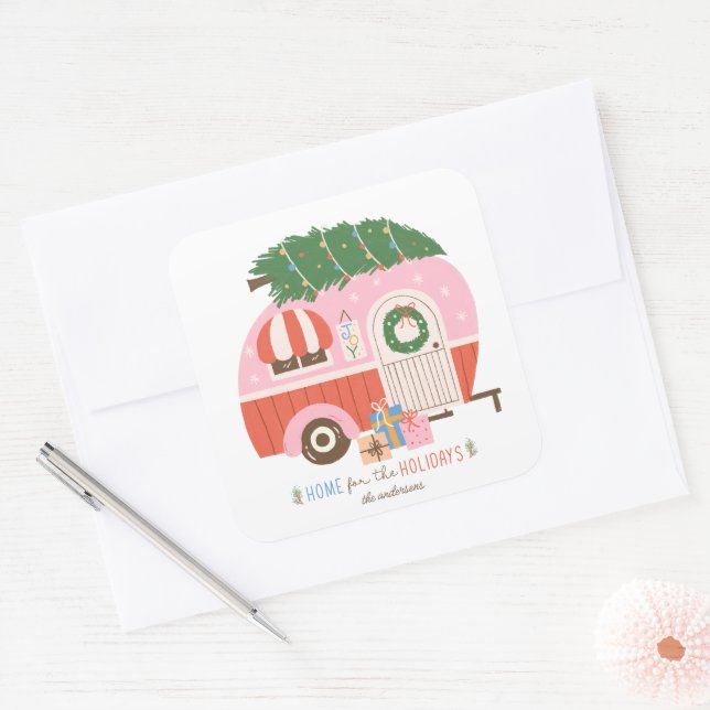 Sticker Carré Accueil pour les vacances Pink Camper (Enveloppe)