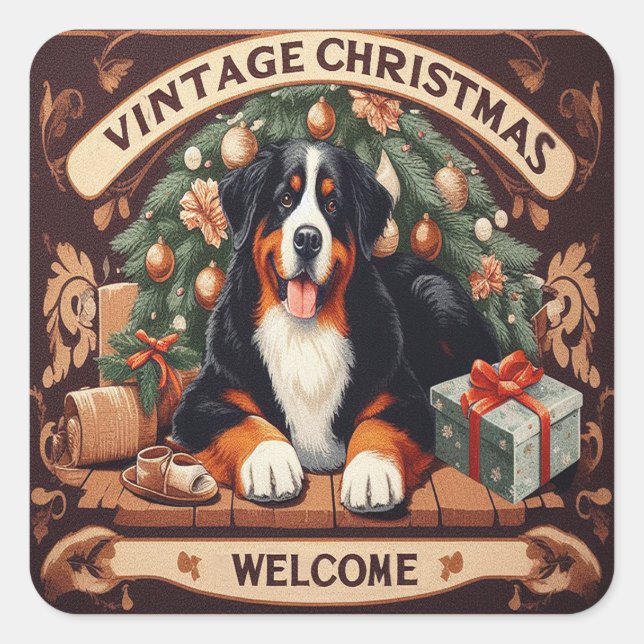 Sticker Carré Accueil Vintage Noël Bernese Mountain Dog (Devant)