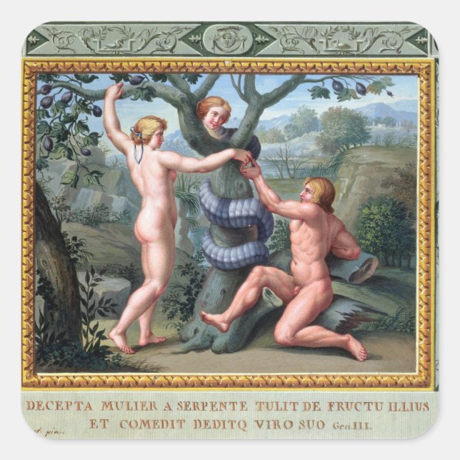 Sticker Carré Adam et Eve avec le Serpent, illustration de t (Devant)