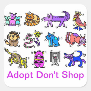 Sticker Carré Adoptez Don't Shop, Cartoon Animals