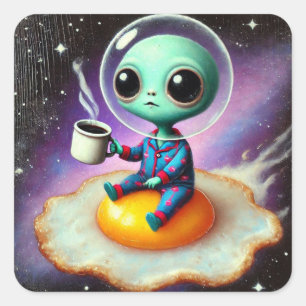 Sticker Carré Adorable Alien Flottant Oeuf dans l'espace avec ca