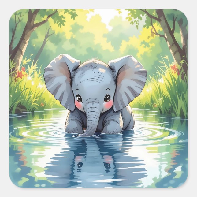 Sticker Carré Adorable Baby Elephant and Reflection (Devant)