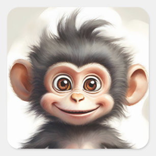 Sticker Carré Adorable Baby Monkey Happy Smiling Portrait