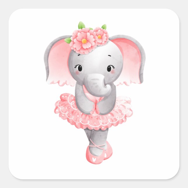 Sticker Carré Adorable Ballerina Elephant En Pointe (Devant)