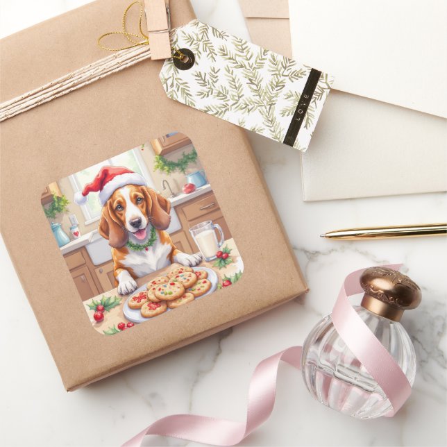 Sticker Carré Adorable Basset Hound Sneaking Christmas Cookies (Cadeaux)