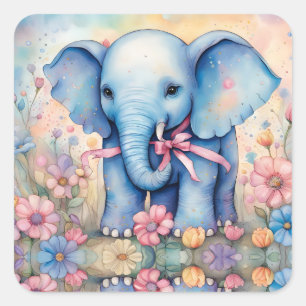Sticker Carré Adorable bébé éléphant dans un jardin pastel