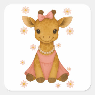 Sticker Carré Adorable bébé Giraffe en Baby shower fille rose