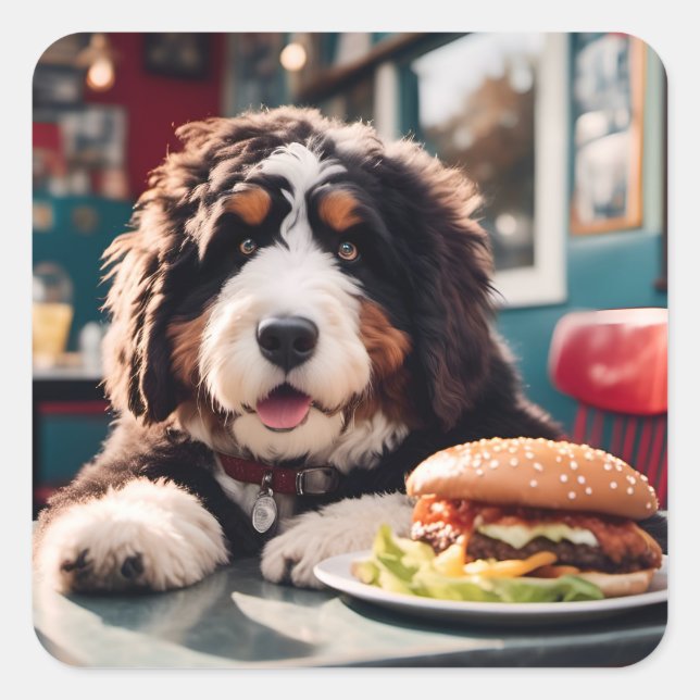 Sticker Carré Adorable Bernerdoodle au dîner (Devant)