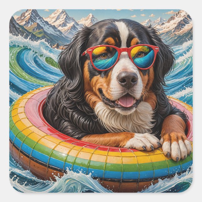 Sticker Carré Adorable Bernese Mountain Dog aime Voyage en flott (Devant)