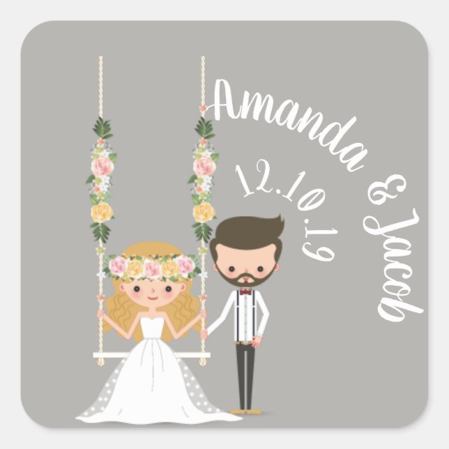 Sticker Carré Adorable Boho Hipster Mariage Couple (Devant)