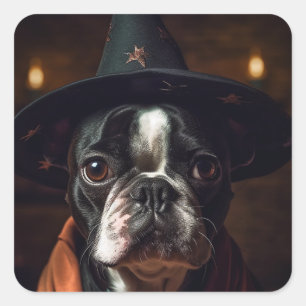 Sticker Carré Adorable Boston Terrier Witch