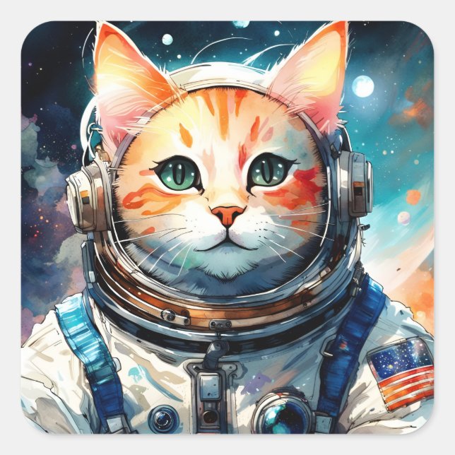Sticker Carré Adorable Chat d'astronaute américain (Devant)