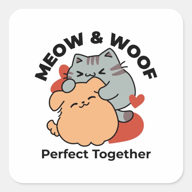 Sticker Carré Adorable chat et chien Hug - Meow & Woof Design (Devant)