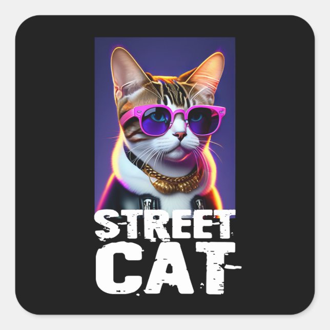 Sticker Carré Adorable Chat mignonne en Veste en Cuir (Devant)