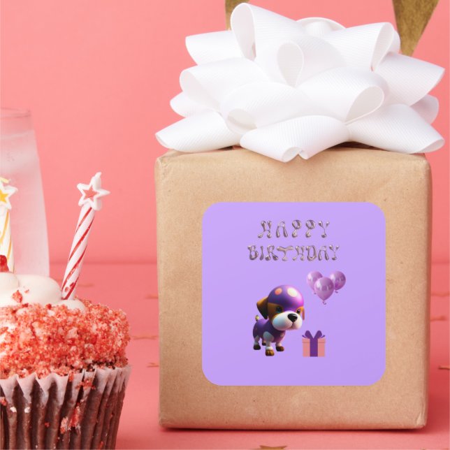 Sticker Carré Adorable Chien mignon Fête d'anniversaire pour enf (Fête)