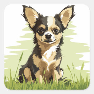 Sticker Carré Adorable Chihuahua Noir, Tan & Blanc