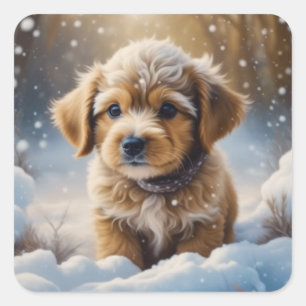 Sticker Carré adorable chiot de Noël dans une nuit de neige