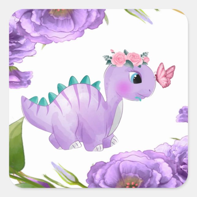 Sticker Carré Adorable Dinosaure Violet Baby shower Floral Squar (Devant)