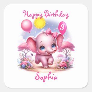Sticker Carré Adorable Eléphant d'anniversaire rose avec ballons