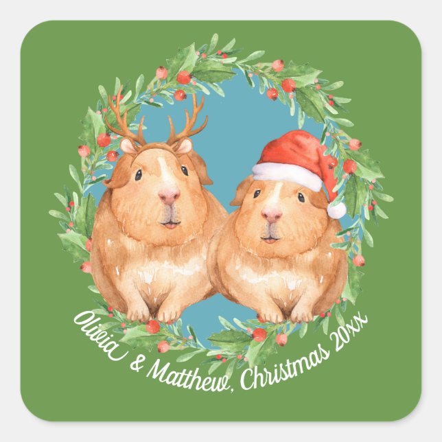 Sticker Carré adorable Guinée Cochon Couple Noël (Devant)