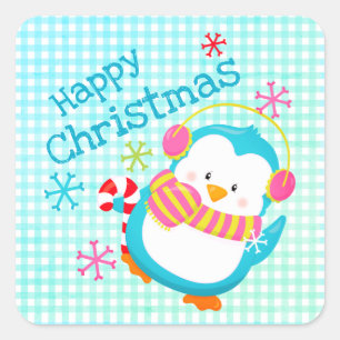 Sticker Carré Adorable Happy Penguin Colorful Moderne Noël F