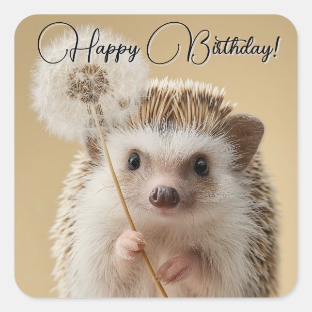 Sticker Carré Adorable Hérisson tenant un Dandelion (Devant)