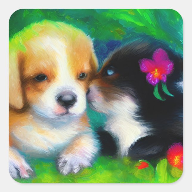 Sticker Carré Adorable Kitten Kissing Chiot Impressionniste Art (Devant)