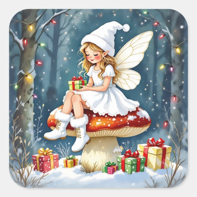 Sticker Carré Adorable Little Christmas Fairy on Mushroom (Devant)
