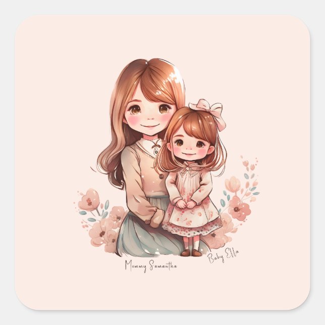 Sticker Carré Adorable maman et fille Bond (Devant)