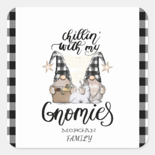 Sticker Carré Adorable mignonne Gnomes Black Buffalo Plaid