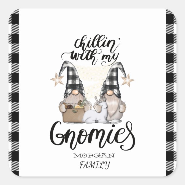 Sticker Carré Adorable mignonne Gnomes Black Buffalo Plaid (Devant)