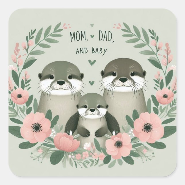 Sticker Carré Adorable Otter Boho maman papa et bébé (Devant)