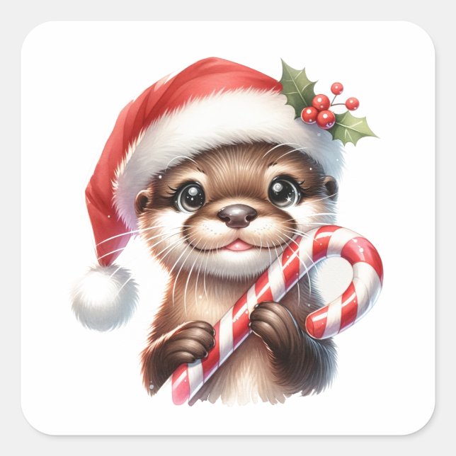 Sticker Carré Adorable Otter de Noël à Santa Hat avec bonbon (Devant)