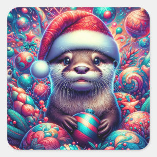 Sticker Carré Adorable Otter de Noël Festif