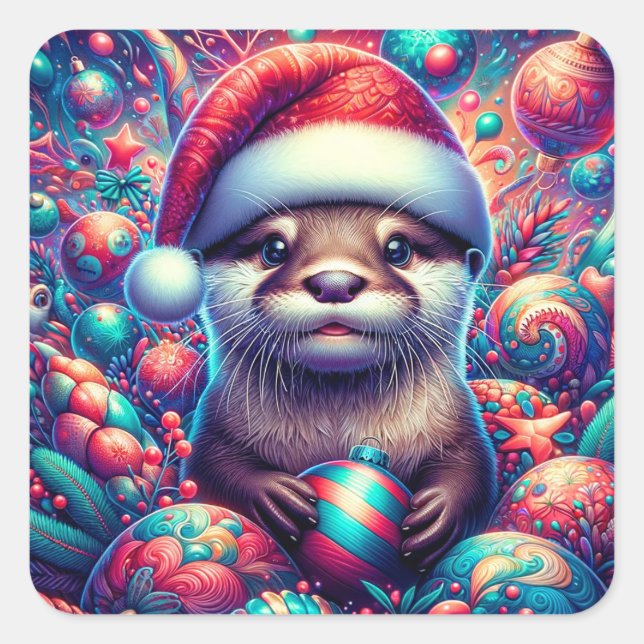 Sticker Carré Adorable Otter de Noël Festif (Devant)