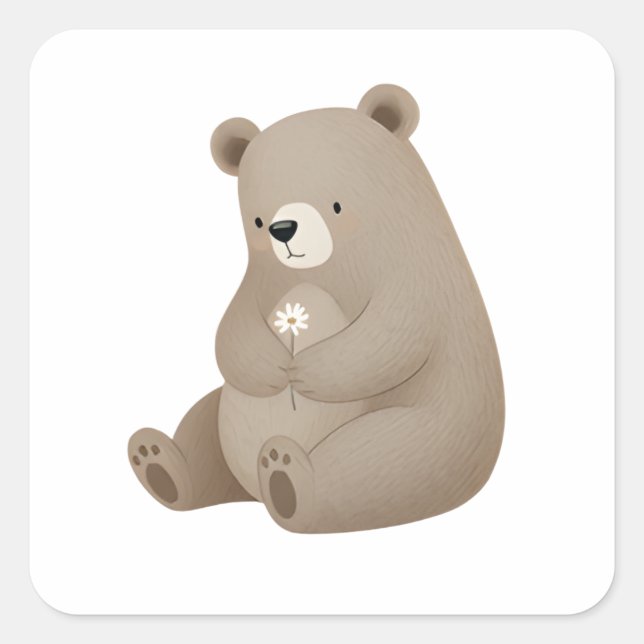 Sticker Carré Adorable Ours Brun à la Marguerite – Illustration  (Devant)