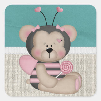 Sticker Carré Adorable Ours d'abeille rose
