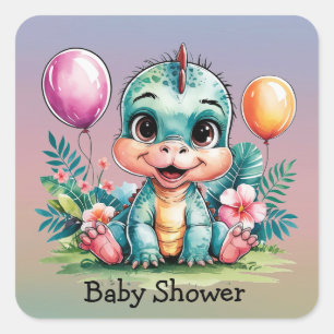 Sticker Carré Adorable Petit Baby shower Dinosaure