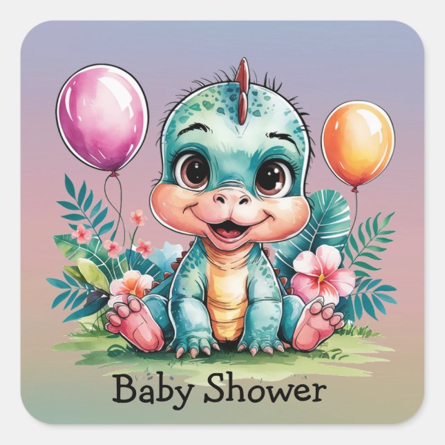 Sticker Carré Adorable Petit Baby shower Dinosaure (Devant)