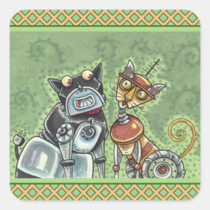 Sticker Carré ADORABLE ROBOT BULLDOG & FELINE AMI Drôle