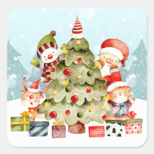 Sticker Carré Adorables Noël Père Noël Et Amis Autour De L'Ar